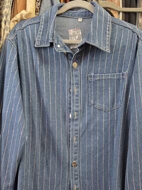 Denim Bling Pinstripe Denim Button-Up Shirt